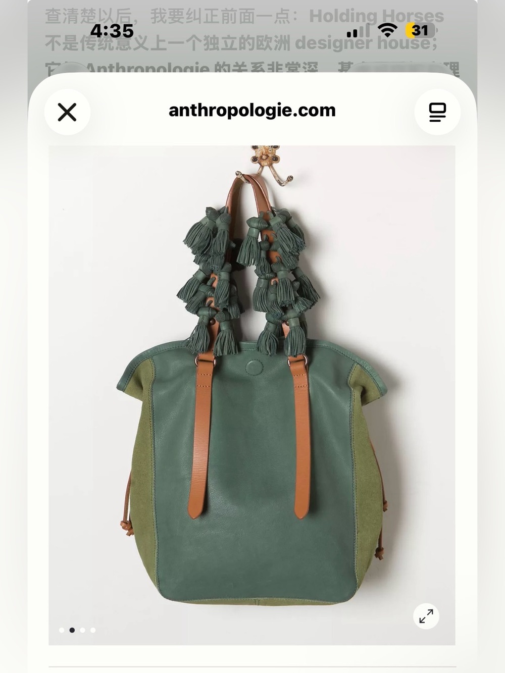 Anthropologie Green and Tan Tassel Leather Tote